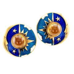 Sun Moon Star Enamel Citrine Gold Earrings by Cellini