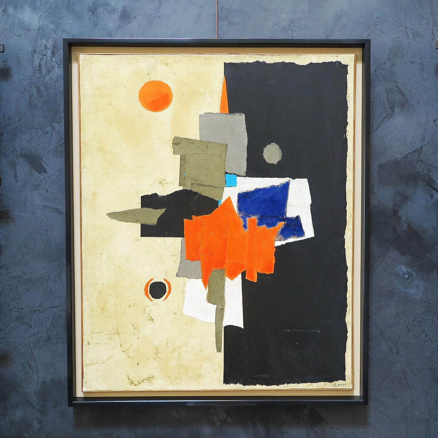 Abstract painting by French artist Simone Lebret with divided canvas showing day and night scene with mixed technique and collaged paper of sun, moon and stars. Signed on lower right with new floating black frame.