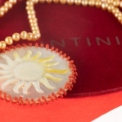 Sun Mother Pearl Coral Pendant Freshwater Pearl 14 Karat Gold Handmade Necklace