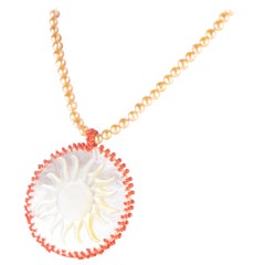 Sun Mother Pearl Coral Pendant Freshwater Pearl 14 Karat Gold Handmade Necklace