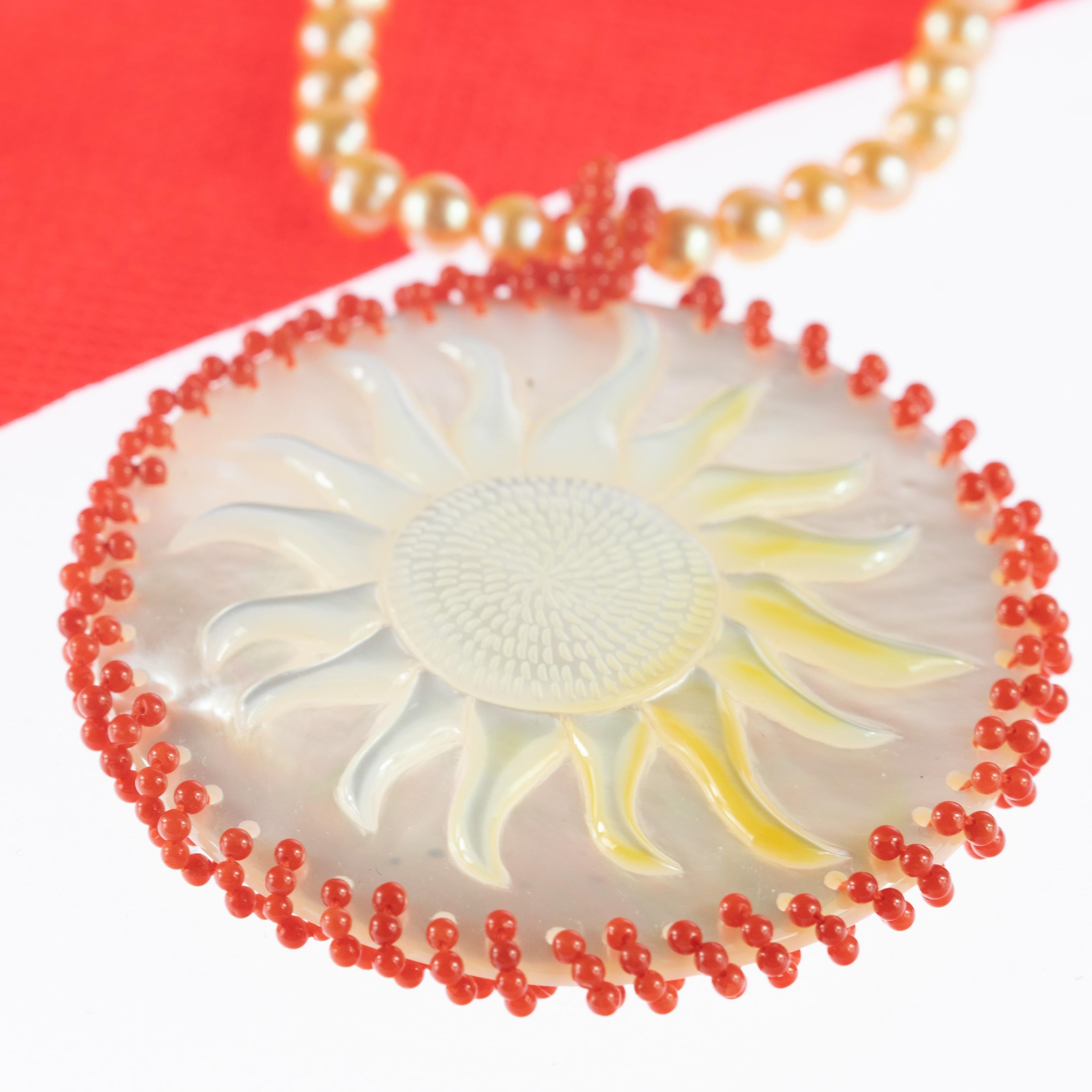 Art Nouveau Sun Mother Pearl Coral Pendant Freshwater Pearl 18 Karat Gold Handmade Necklace For Sale