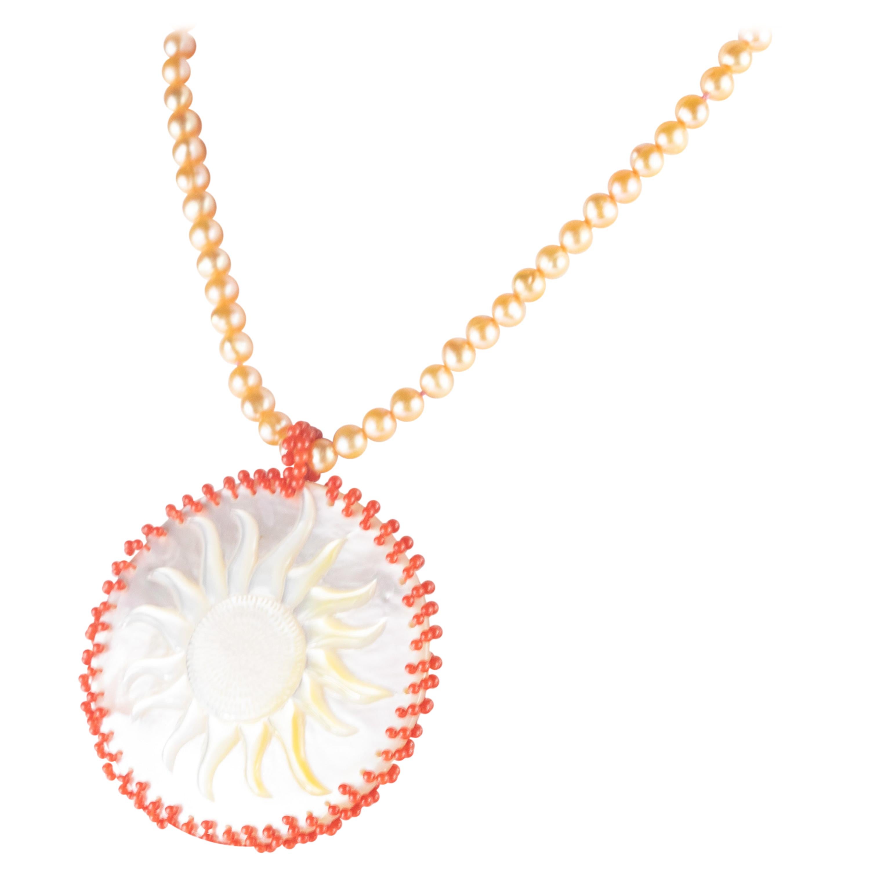 Sun Mother Pearl Coral Pendant Freshwater Pearl 18 Karat Gold Handmade Necklace For Sale