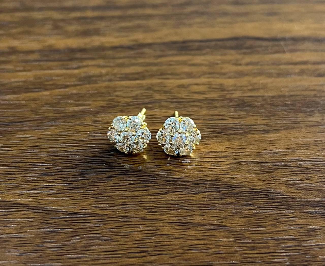 Ces boucles d'oreilles présentent une grappe de diamants étincelants sertis dans un métal en or rose 14k. Le design complexe présente de multiples petits diamants de taille ronde disposés en motif floral, créant un effet éblouissant.
Or rose 14K