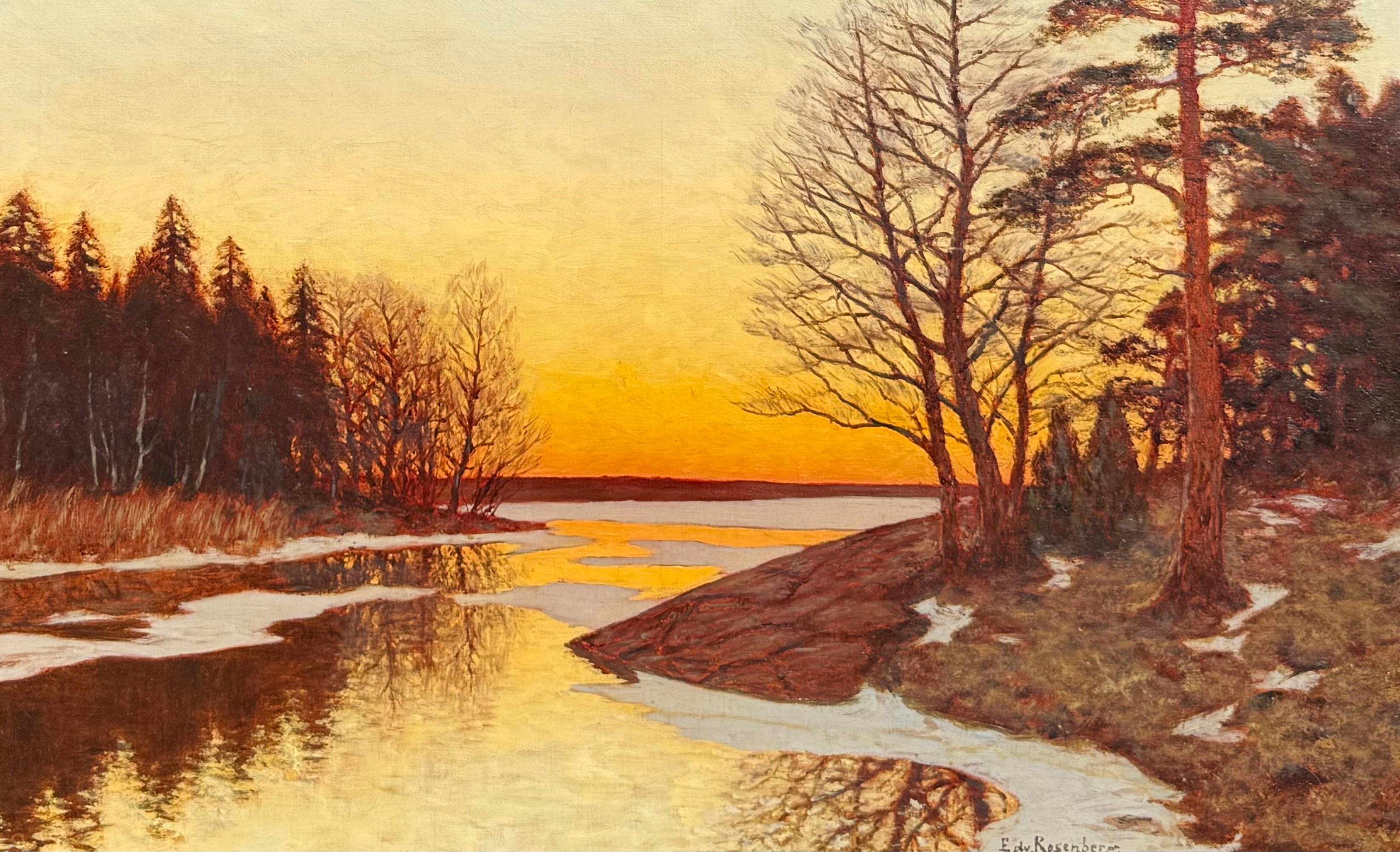 Olio su tela, firmato in basso a destra. Una luminosa scena invernale al tramonto o all'alba dalla Scandinavia. Misura 28
