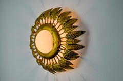 Sun wall lamp by Ferro Arte in metal, gold leaf and opaline glass, Spain, 1960