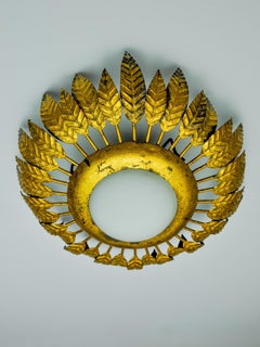 Sunburst Ceiling Lamp by Ferro Arte in Gold Leaf, Metal and Opaline Glass, Spain