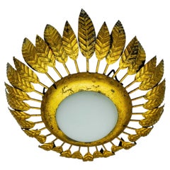 Sunburst Ceiling Lamp by Ferro Arte in Gold Leaf, Metal and Opaline Glass, Spain
