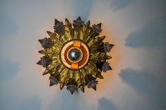 Sun wall lamp by ferro arte, metal and gold leaf, Spain, 1960