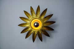 Sun wall lamp by ferro arte, metal and gold leaf, spain, 1960