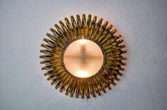 Spanish Sunburst Ceiling Light in Gilt Metal with Curled Floral Rays, 1960s