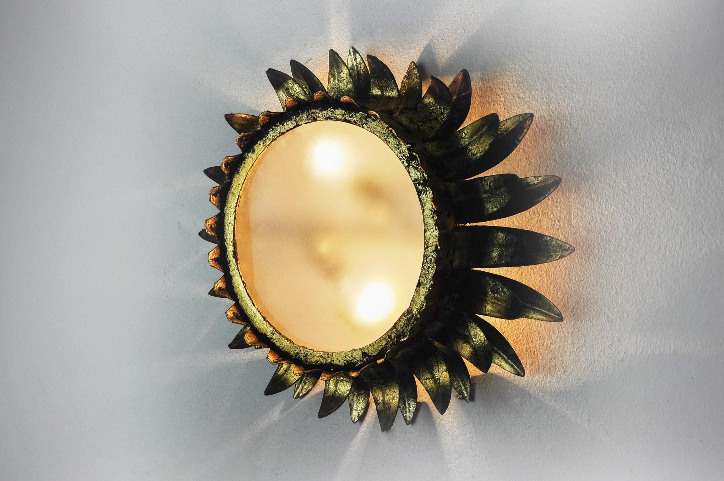 Metal Sun wall lamp by ferro arte, metal and gold leaf, spain, 1960 For Sale