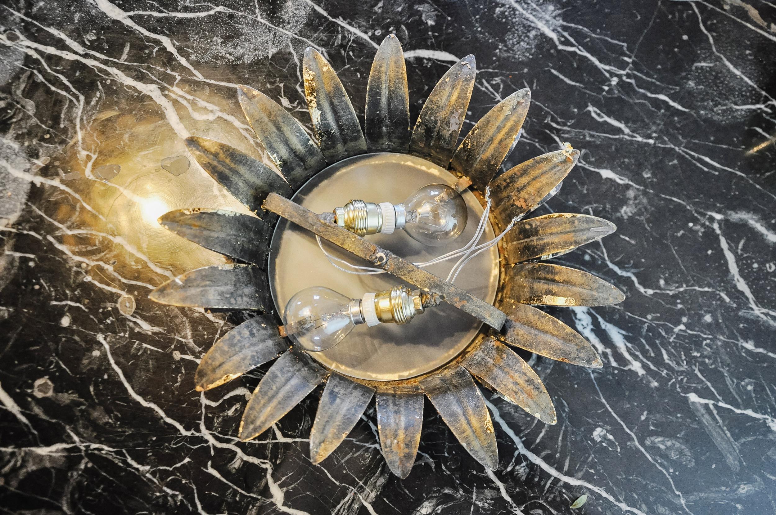 Sun wall lamp by ferro arte, metal and gold leaf, spain, 1960 For Sale 1