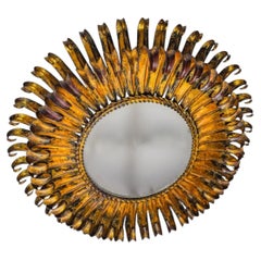 Spanish Sunburst Ceiling Light in Gilt Metal with Curled Floral Rays, 1960s
