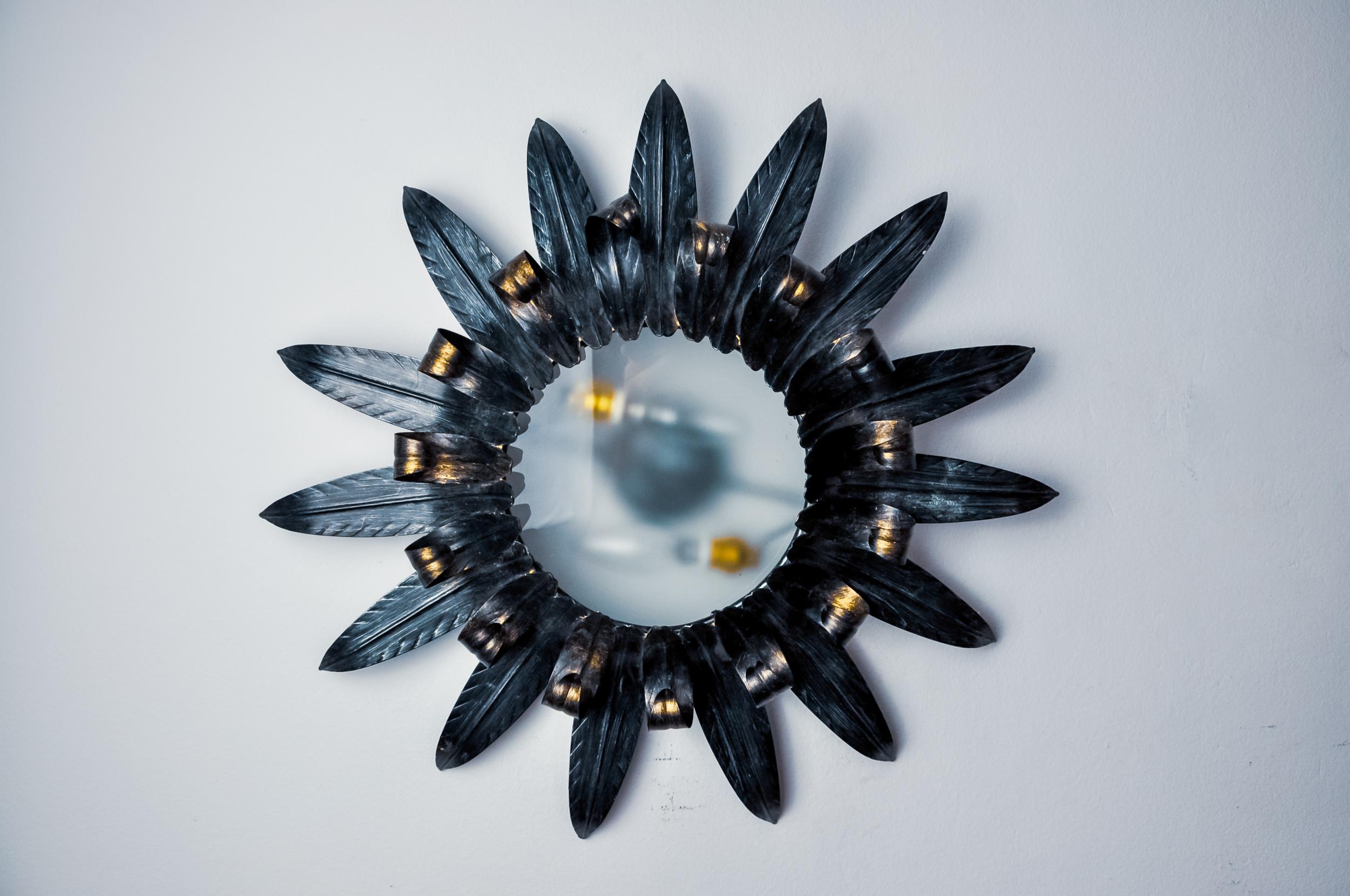 Hollywood Regency Sun wall lamp by Ferro Arte XL, metal and silver leaf, Spain, 1960 For Sale