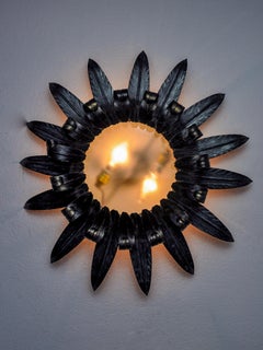 Large Sunburst Ceiling Light in Silvered Metal Leaves by Ferro Arte, Spain, 1960
