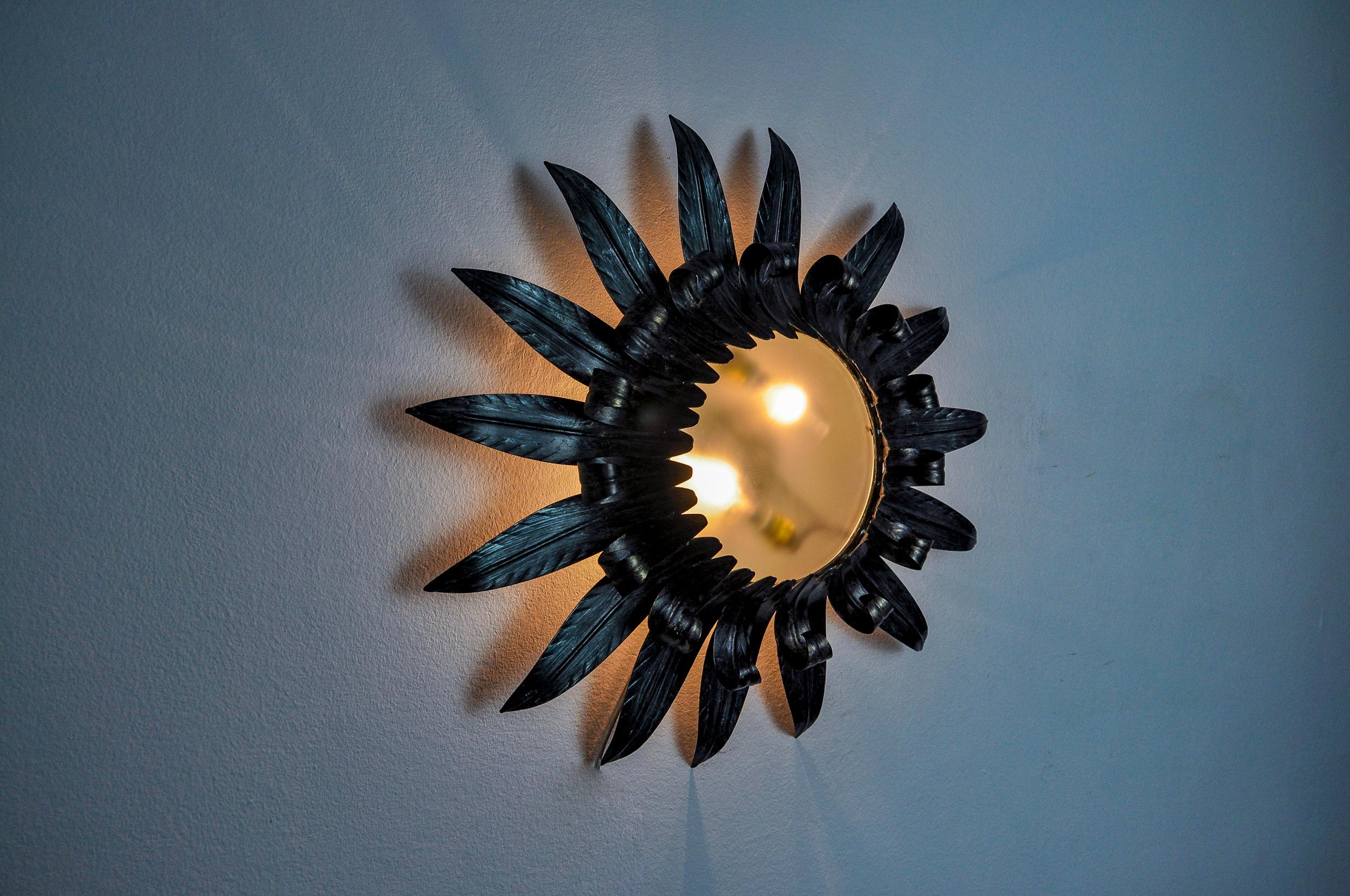 Crystal Sun wall lamp by Ferro Arte XL, metal and silver leaf, Spain, 1960 For Sale