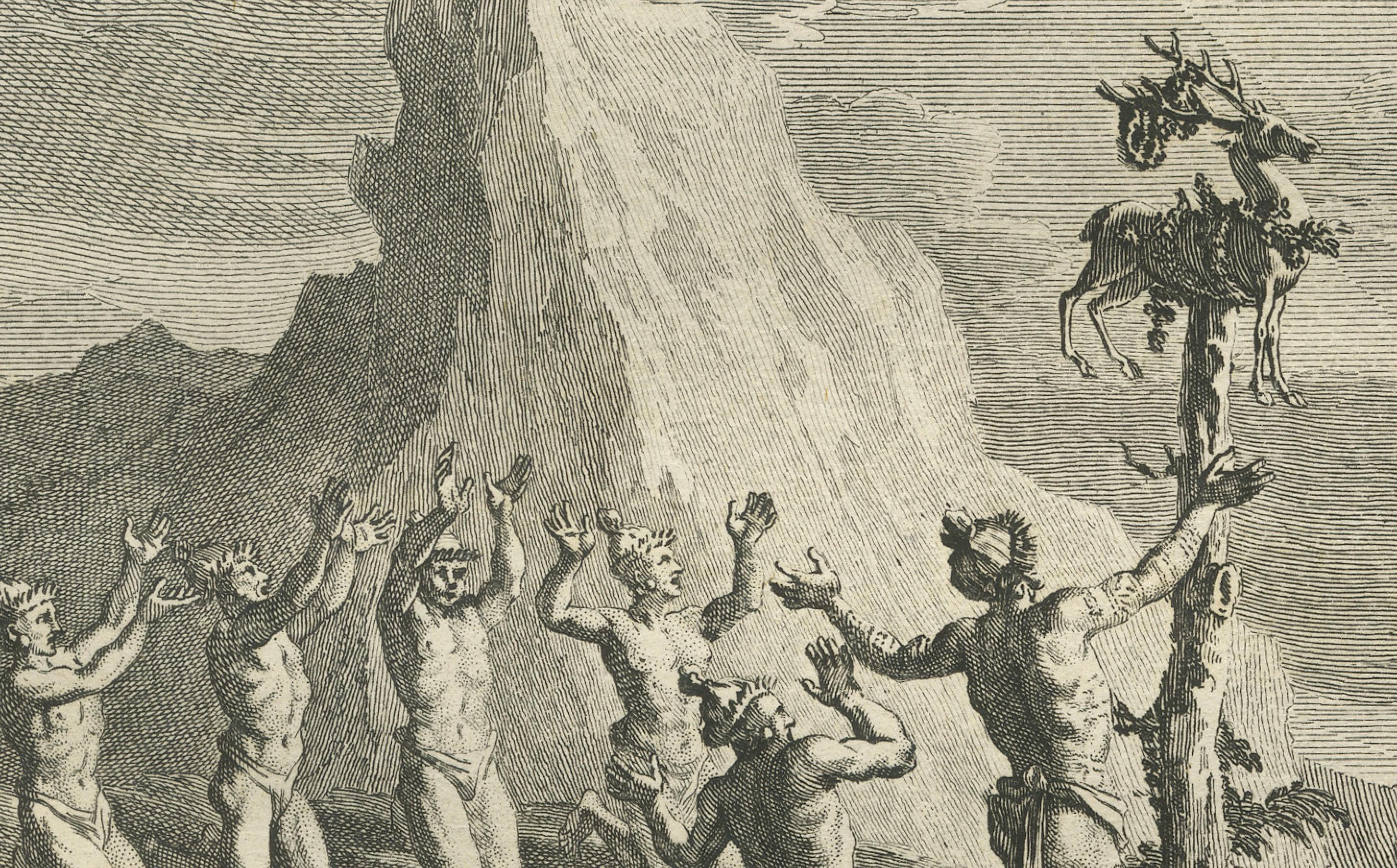 Titel:
Sonnenanbetungsrituale der Floridianer, dargestellt in Opfer- und Darbringungszeremonien

Beschreibung:
Dieser dramatische Kupferstich aus dem 18. Jahrhundert zeigt zwei zusammenhängende rituelle Szenen der indigenen Völker Floridas, die die