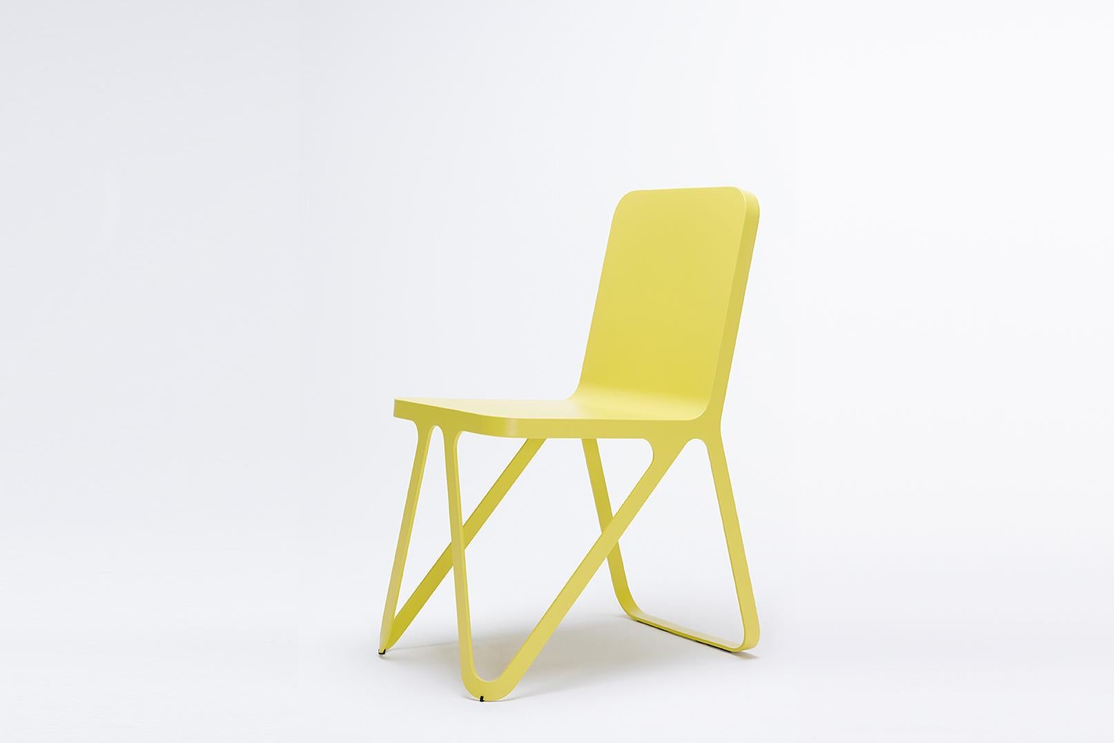 Sun Yellow loop chair by Sebastian Scherer
Dimensions: D57x w40 x H80 cm
Material: Aluminium.
Weight: 5.1 kg.
Also available: Colours: Snow white / light sand / sun yellow / clay orange / rust red / space blue / graphite grey / dark bronze /