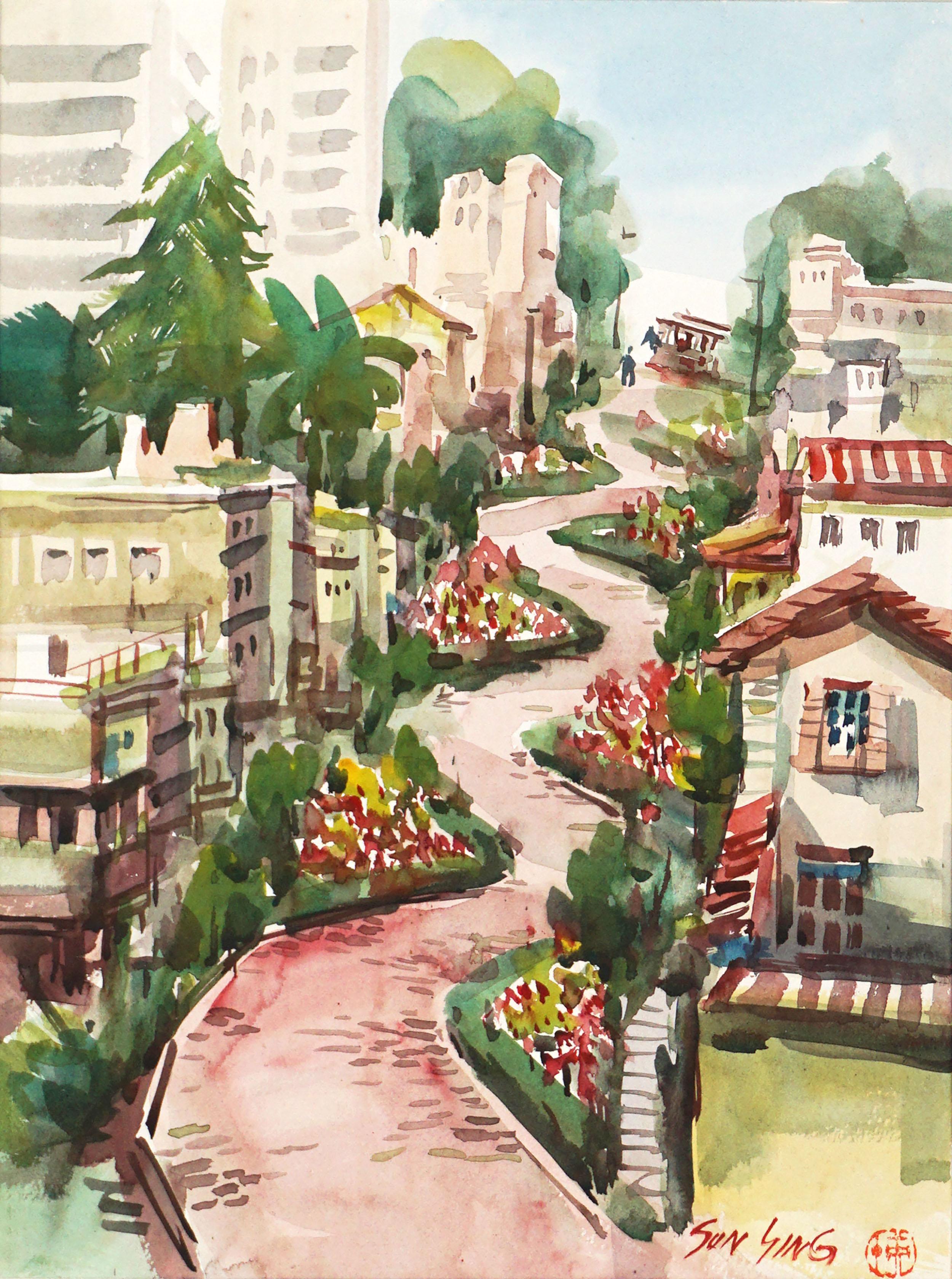Vintage San Francisco Watercolor Landscape -- Lombard Street in Springtime - Painting by Sun Ying