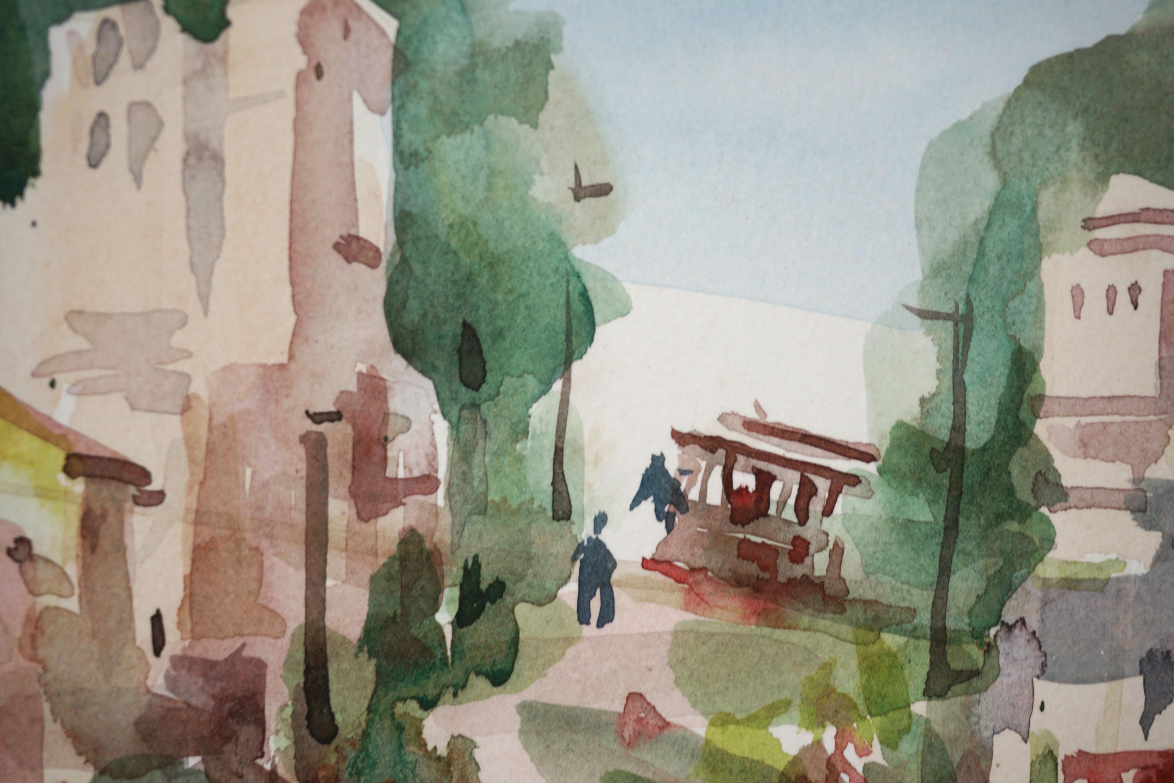 Paysage vintage à l'aquarelle de San Francisco - Lombard Street au printemps - Impressionnisme Painting par Sun Ying
