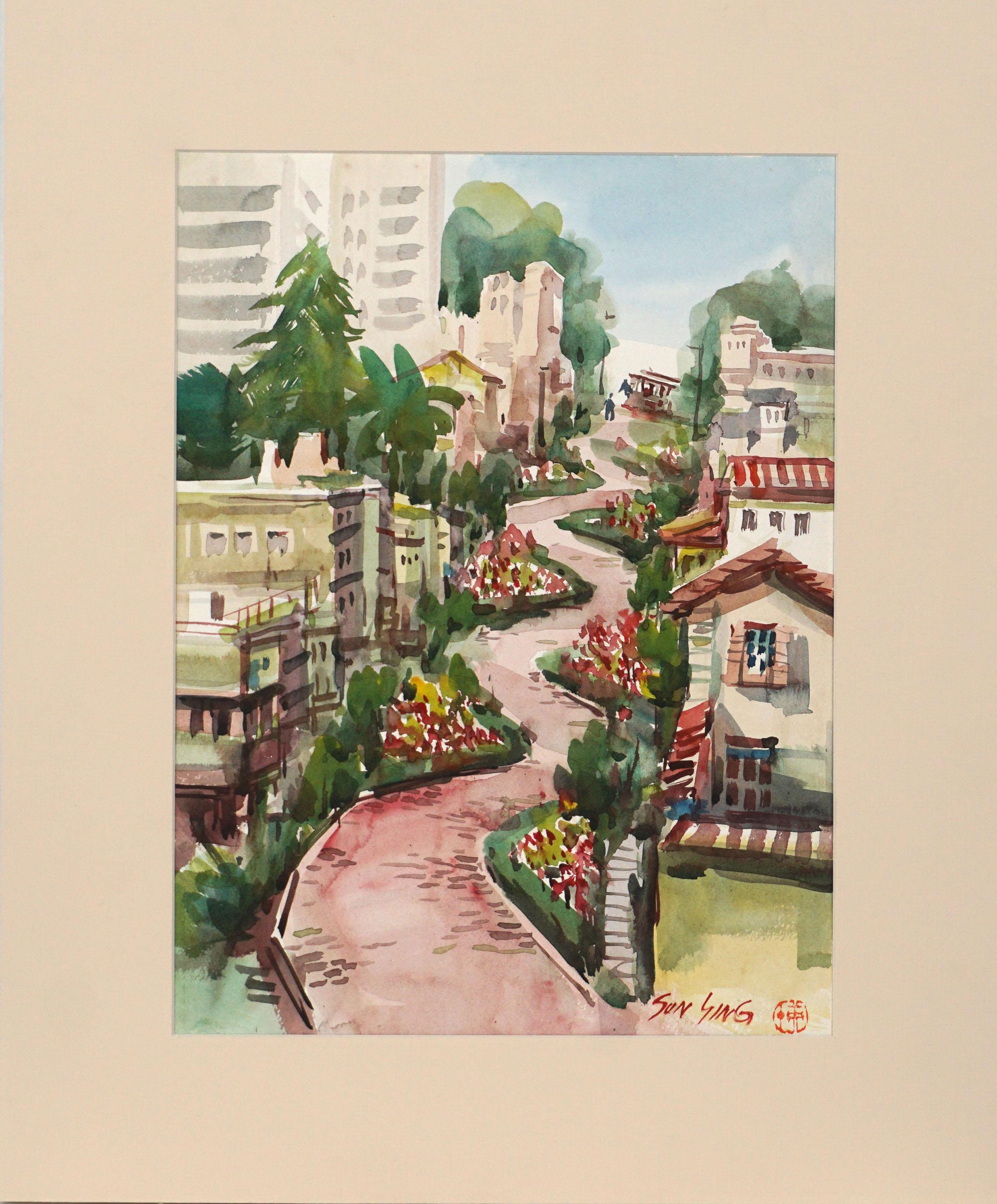 Sun Ying Figurative Painting - Vintage San Francisco Watercolor Landscape -- Lombard Street in Springtime