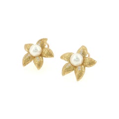 Suna Bros. Vintage 18K Gold Akoya Pearl & Diamond Flower Stud Earrings