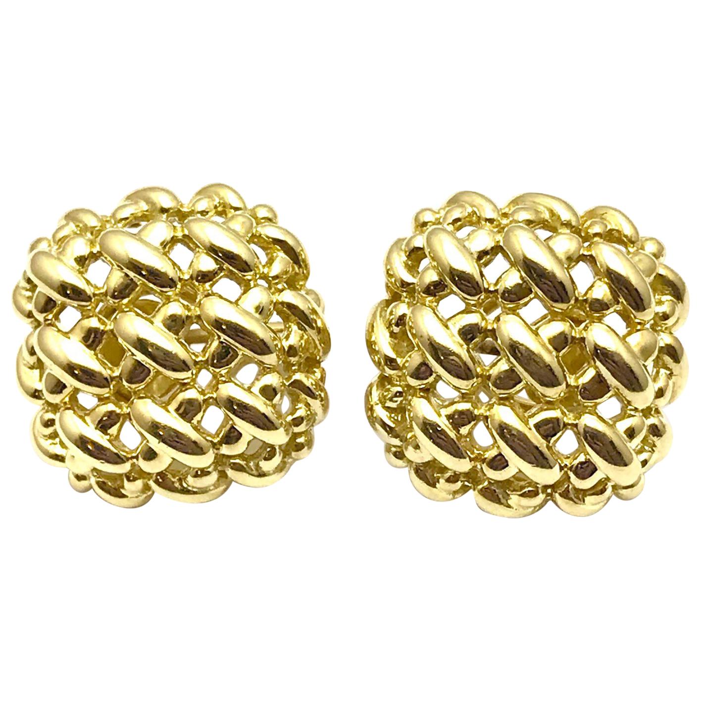 Suna Brothers Inc. 18 Karat Yellow Gold Square Basket Weave Button Earrings