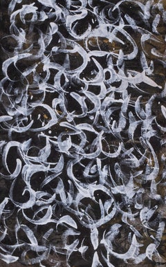 Peinture abstraite contemporaine avec des marques gestuelles blanches, 66x24 cm Suna Imre
