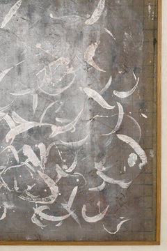 Pintura abstracta contemporánea con marcas gestuales blancas, 77x99 cm Suna Imre