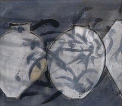 Nature morte abstraite contemporaine avec vases en céramique dans des tons sourds