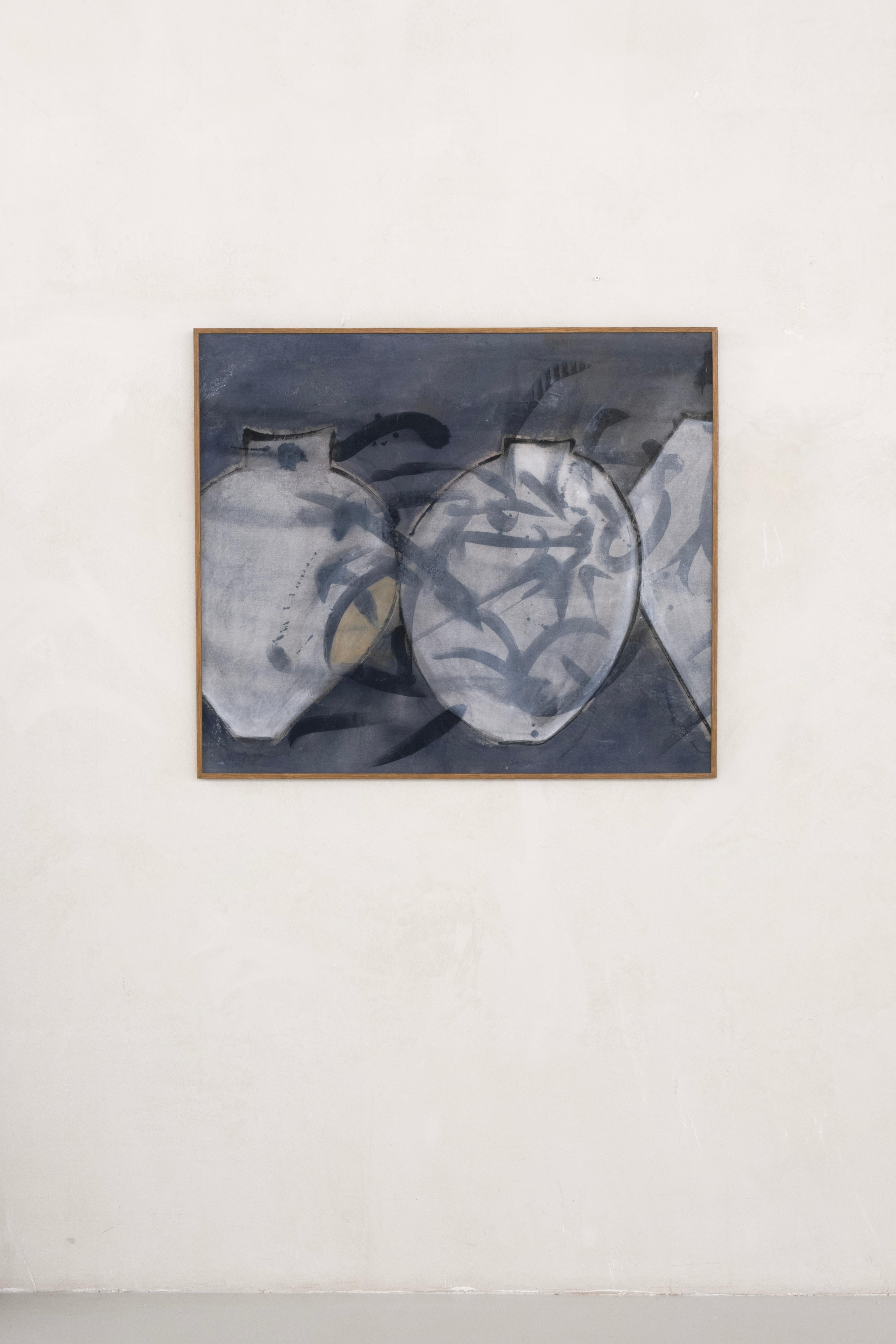 Suna Imre Figurative Painting - Contemporary Abstract Still Life Painting with Ceramic Vessels in Muted Tones