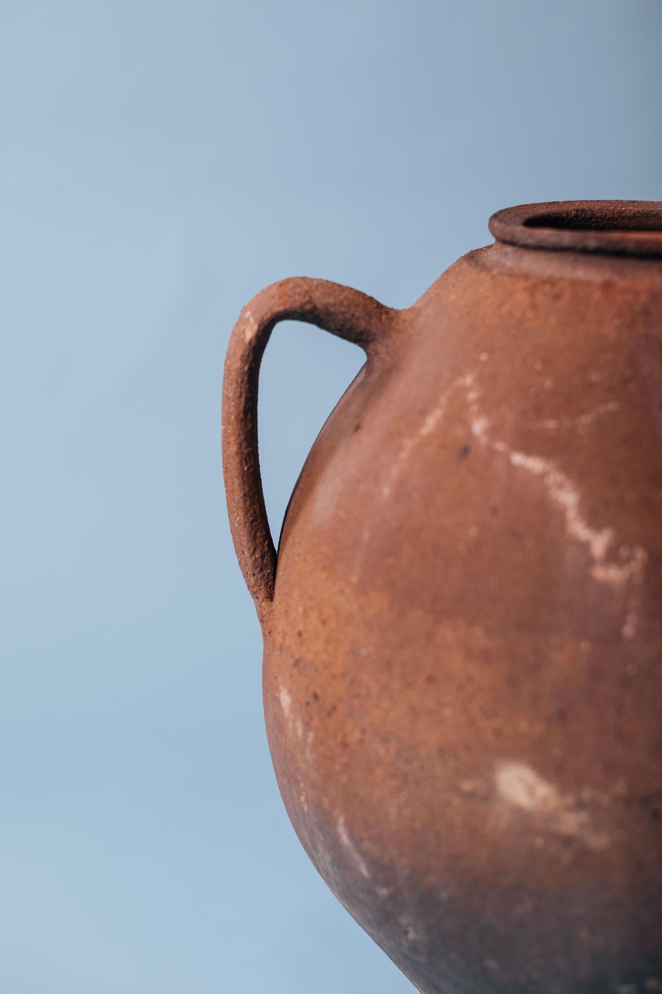 Turkish Sunbaked Double-Handled Terracotta Jar, Early 20th Century Mediterranean Vessel For Sale