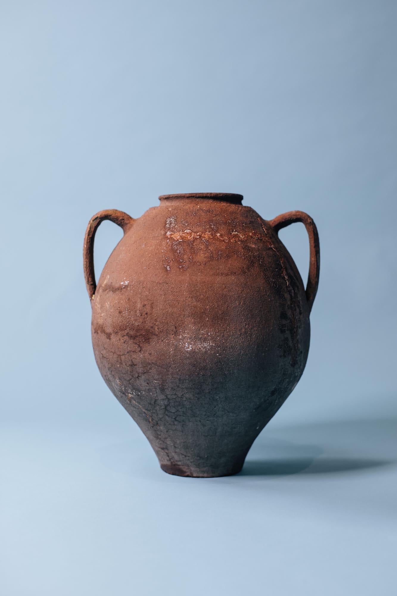 Ceramic Sunbaked Double-Handled Terracotta Jar, Early 20th Century Mediterranean Vessel For Sale