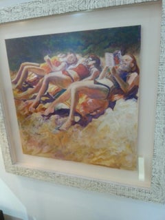 Sunbathers Beach Scene Watercolor Painting by Selma Alden