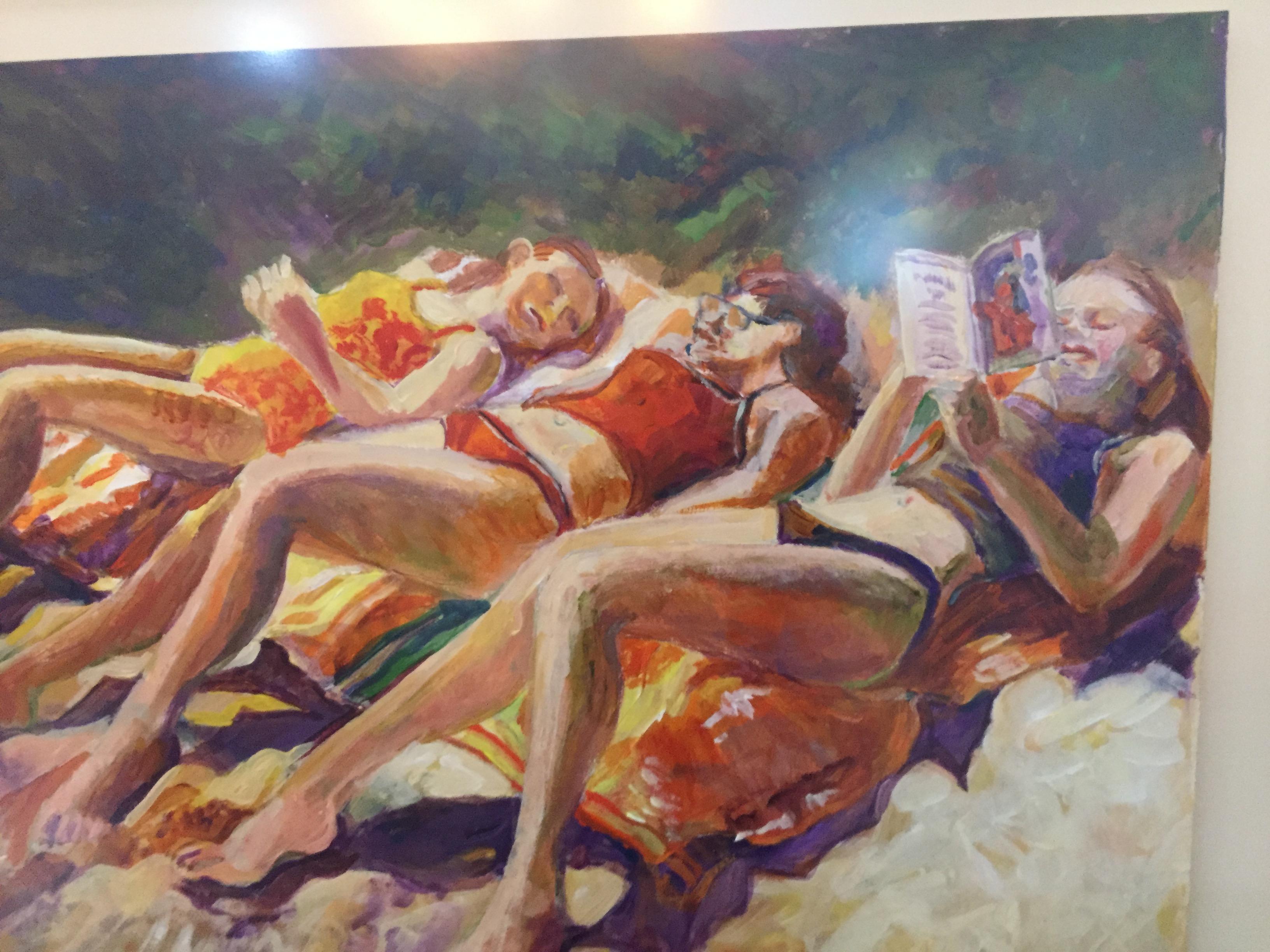 Hand-Painted Sunbathers Beach Scene Watercolor Painting by Selma Alden For Sale