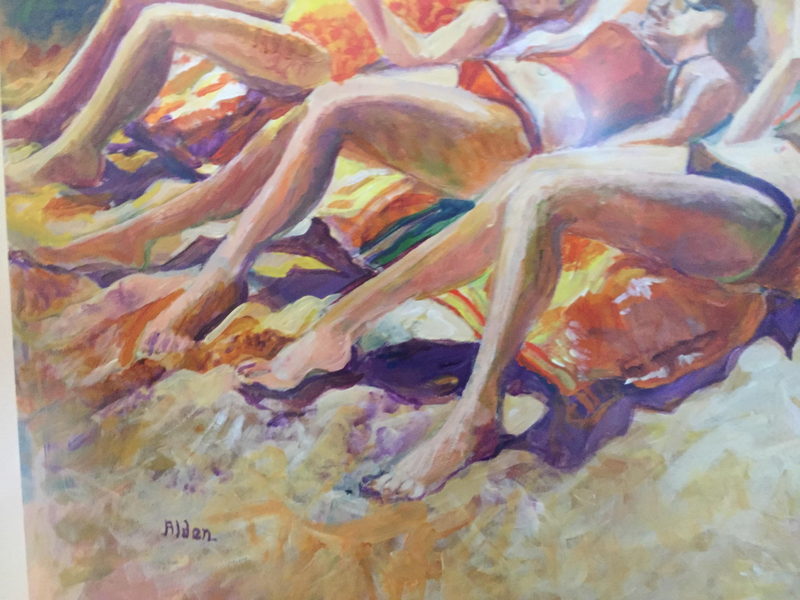 20th Century Sunbathers Beach Scene Watercolor Painting by Selma Alden For Sale