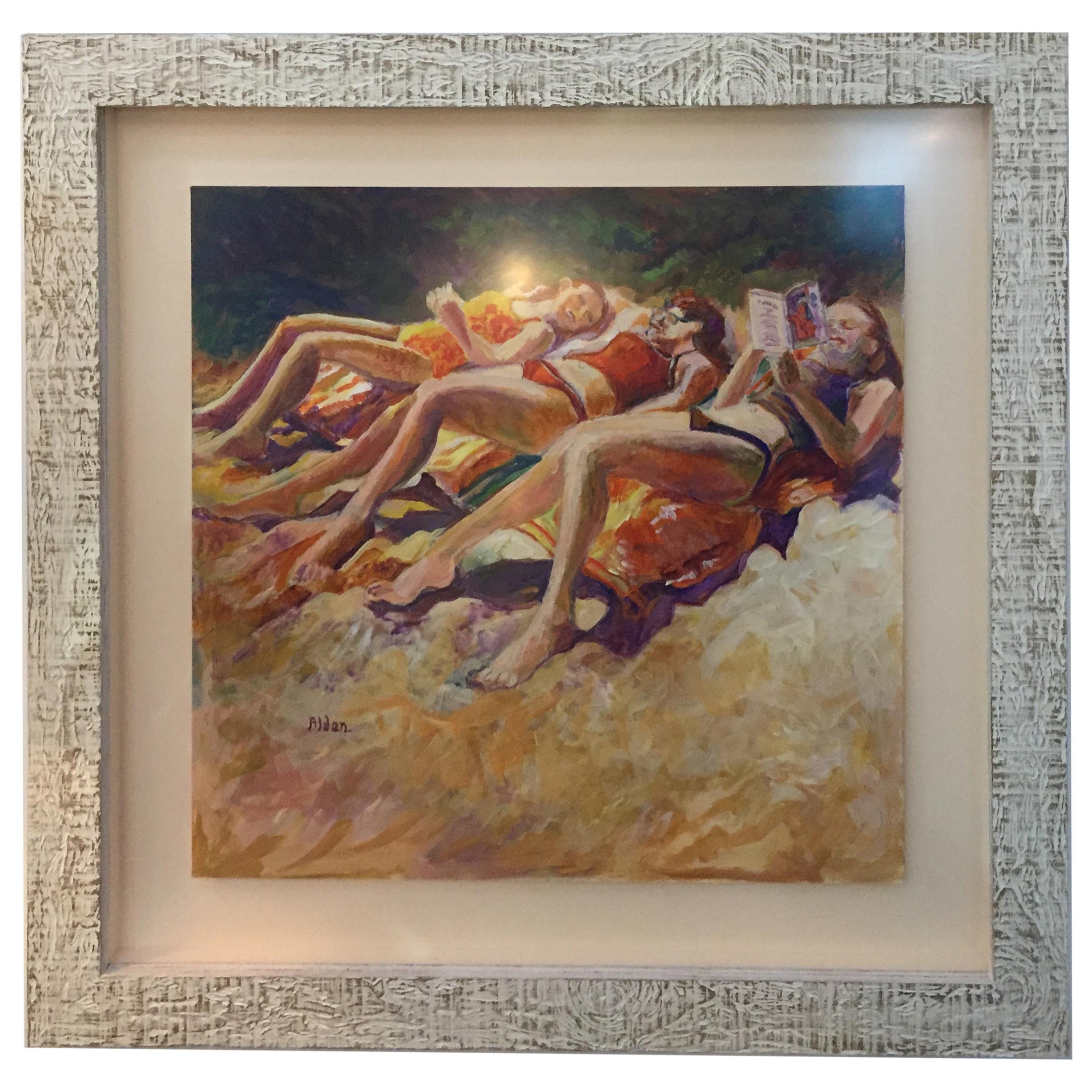 Sonnenanbeter Strandszene, Aquarell, Gemälde von Selma Alden