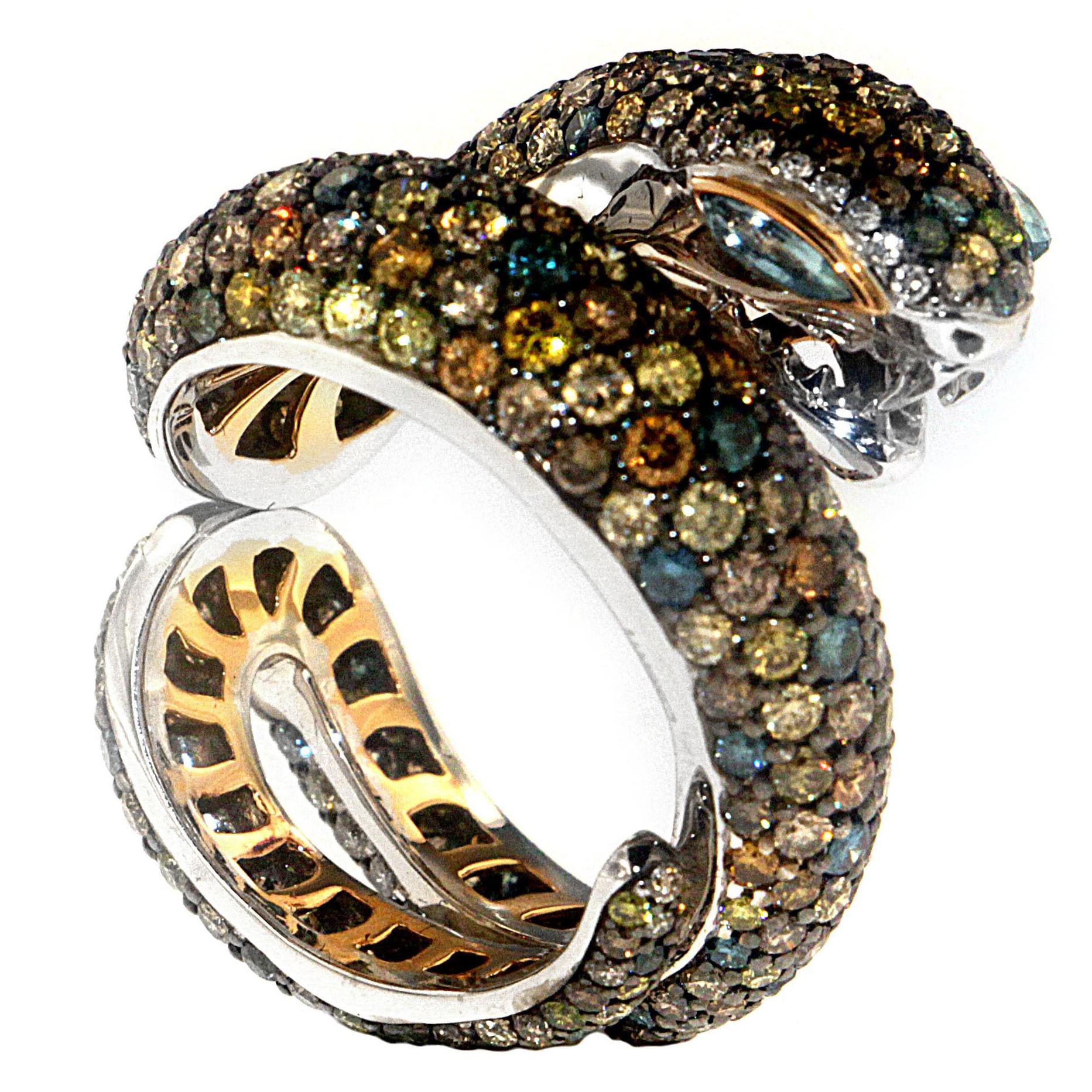 Zorab Creation Multi-Colored Fancy Diamond 8.00 cts Sunbeam Snake Cocktail Ring For Sale