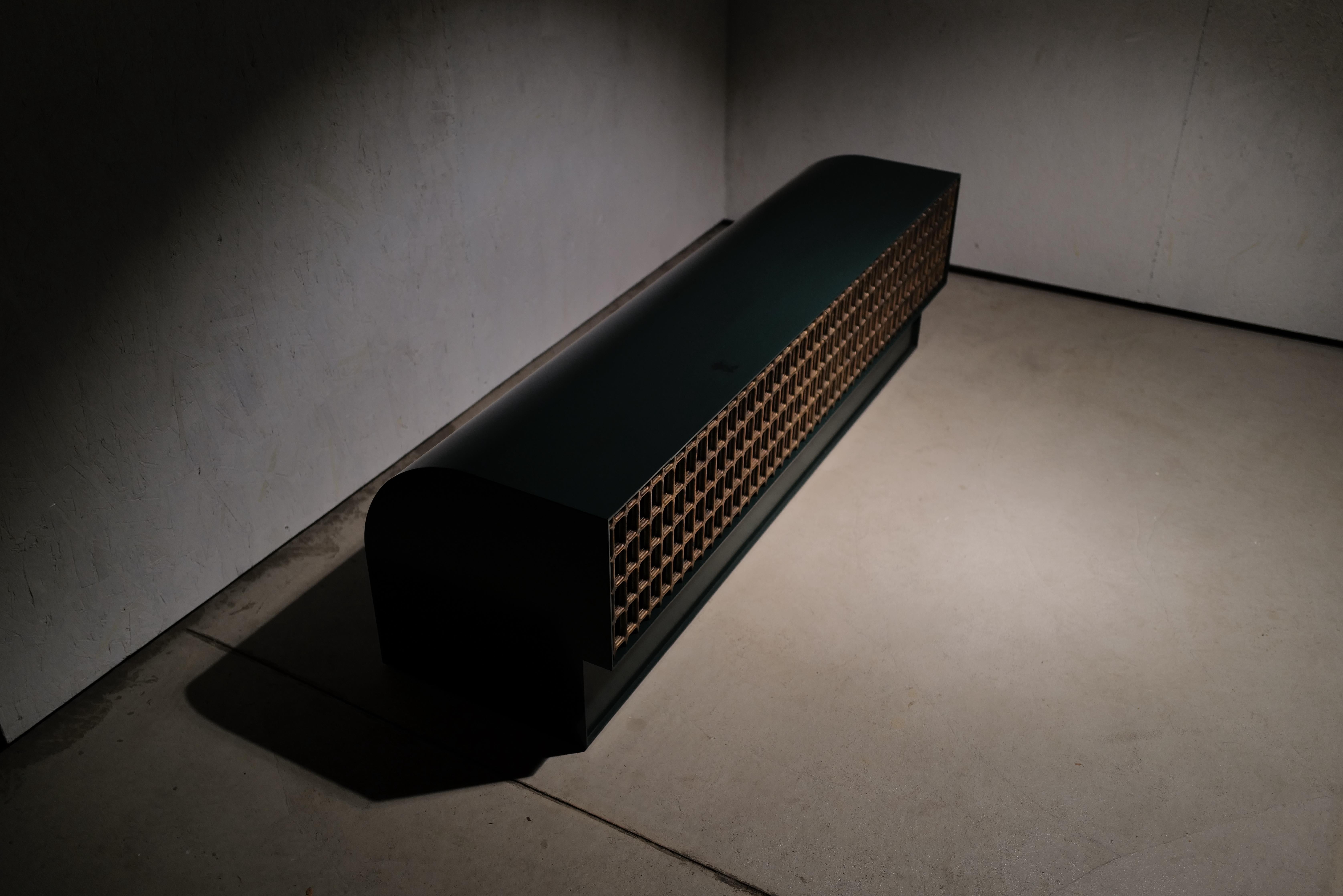 Contemporary Sunbreaker Bench in Emerald Green painted Steel with Bronze Lattice and Walnut For Sale