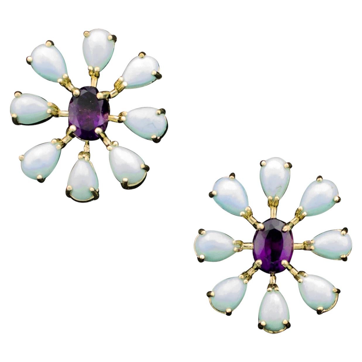 Sunburst Amethyst and Persian Turquoise Earrings in 18 Karat Yellow Gold For Sale