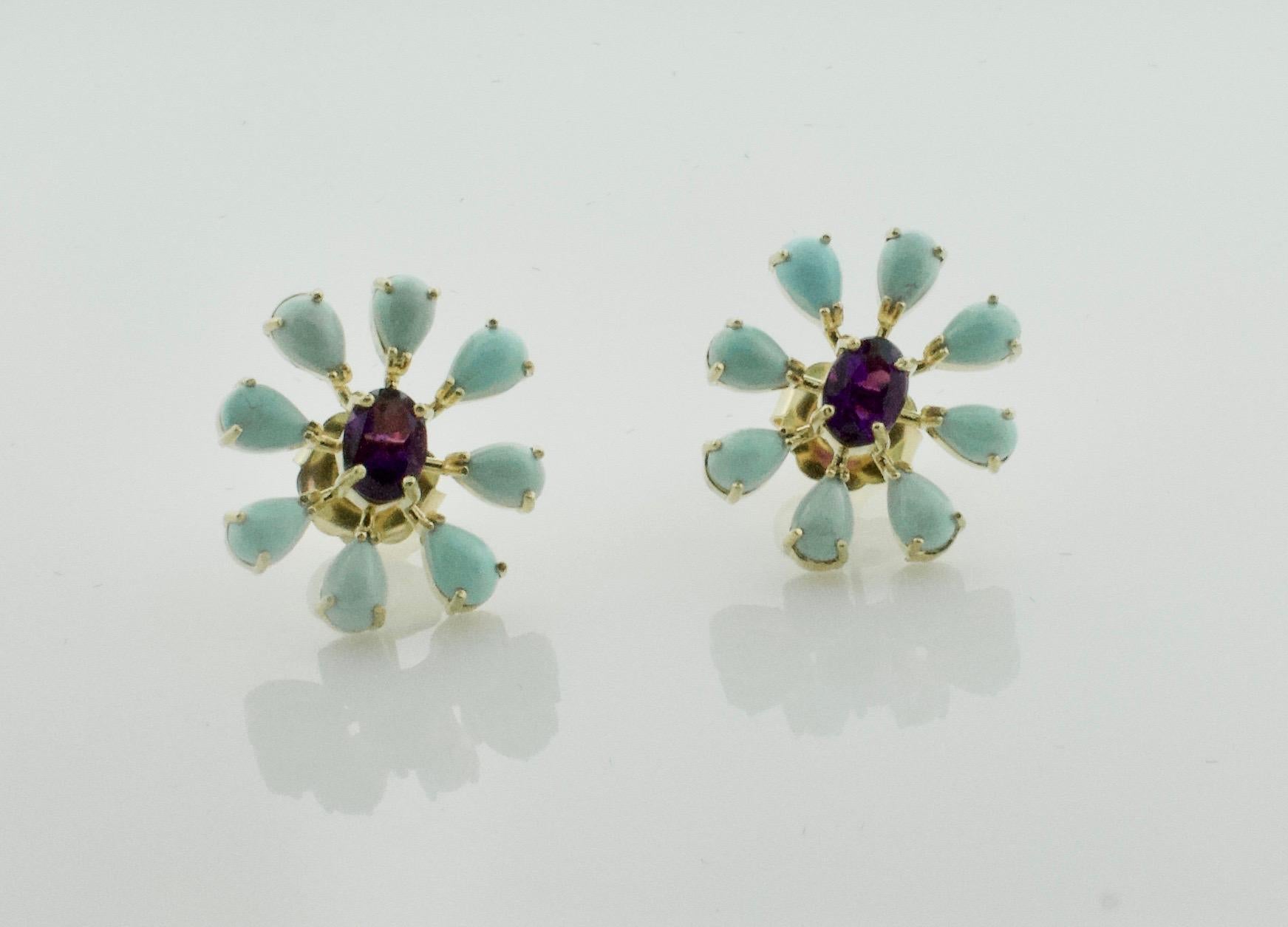 Oval Cut Sunburst Amethyst and Persian Turquoise Earrings in 18 Karat Yellow Gold For Sale