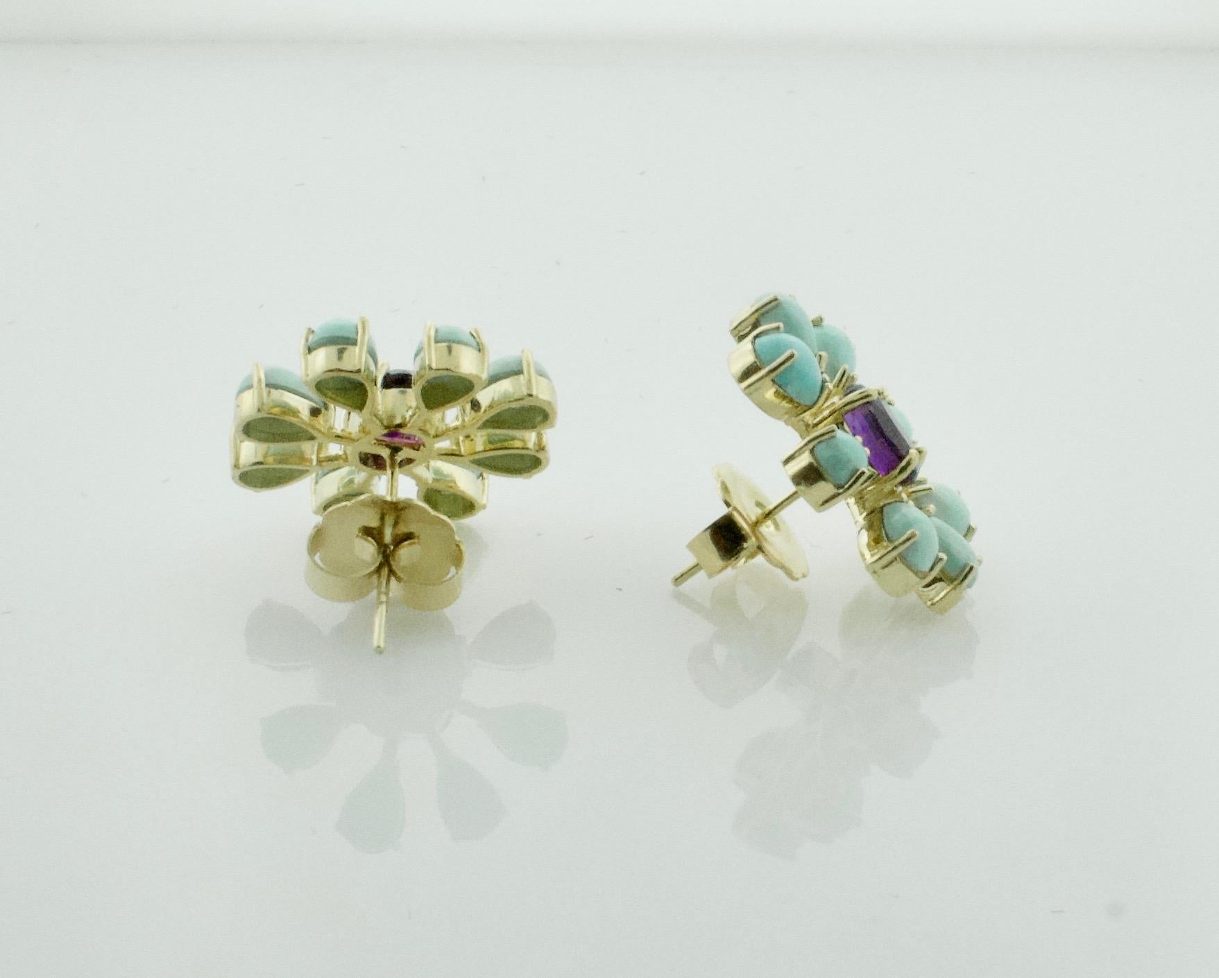 Sunburst Amethyst and Persian Turquoise Earrings in 18 Karat Yellow Gold In New Condition For Sale In Wailea, HI