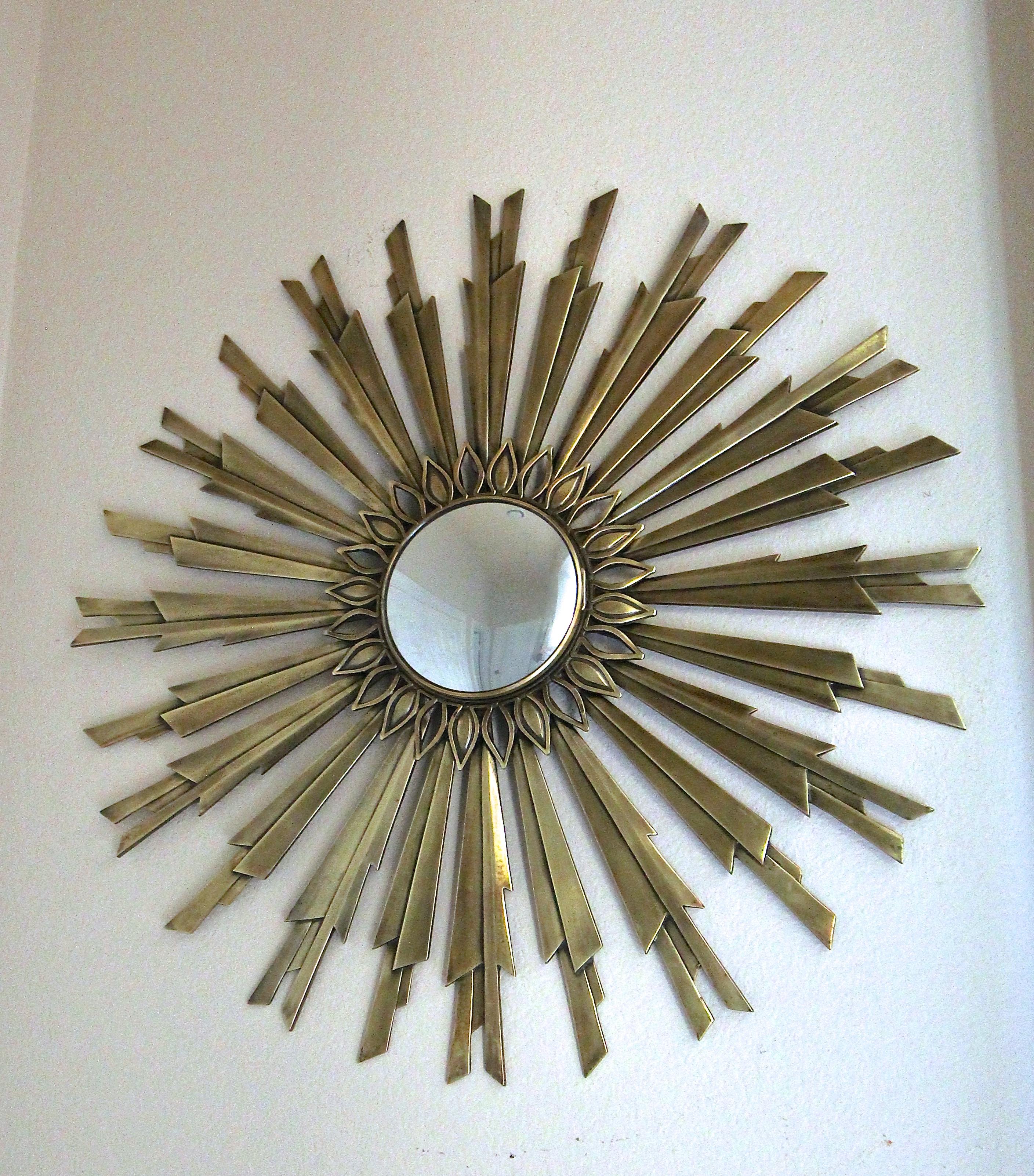 Mid-20th Century Sunburst Art Deco Bronze Metal Convex Wall Art Mirror