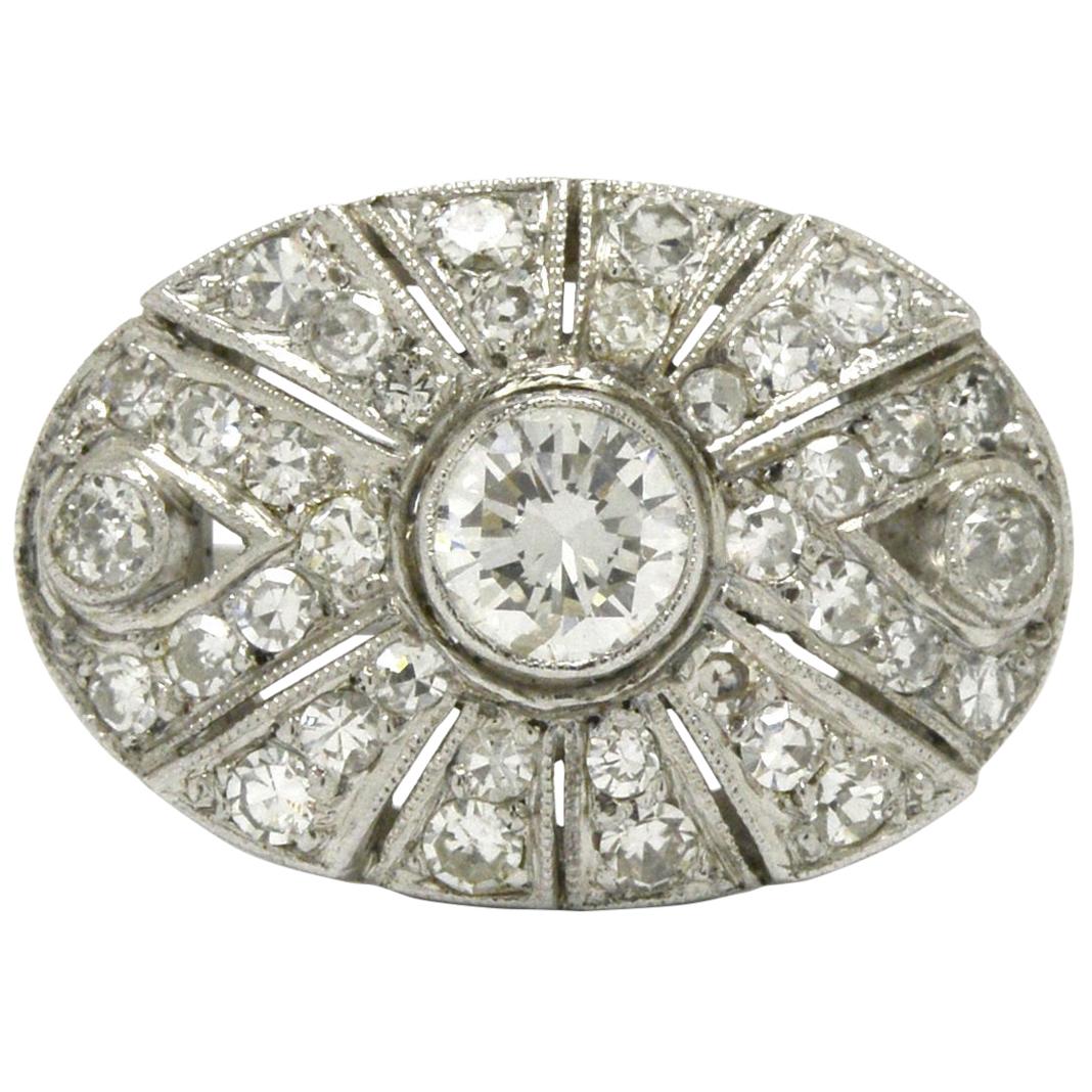Sunburst Art Deco Diamond Cocktail Ring 1 Carat Filigree Platinum Oval Plaque