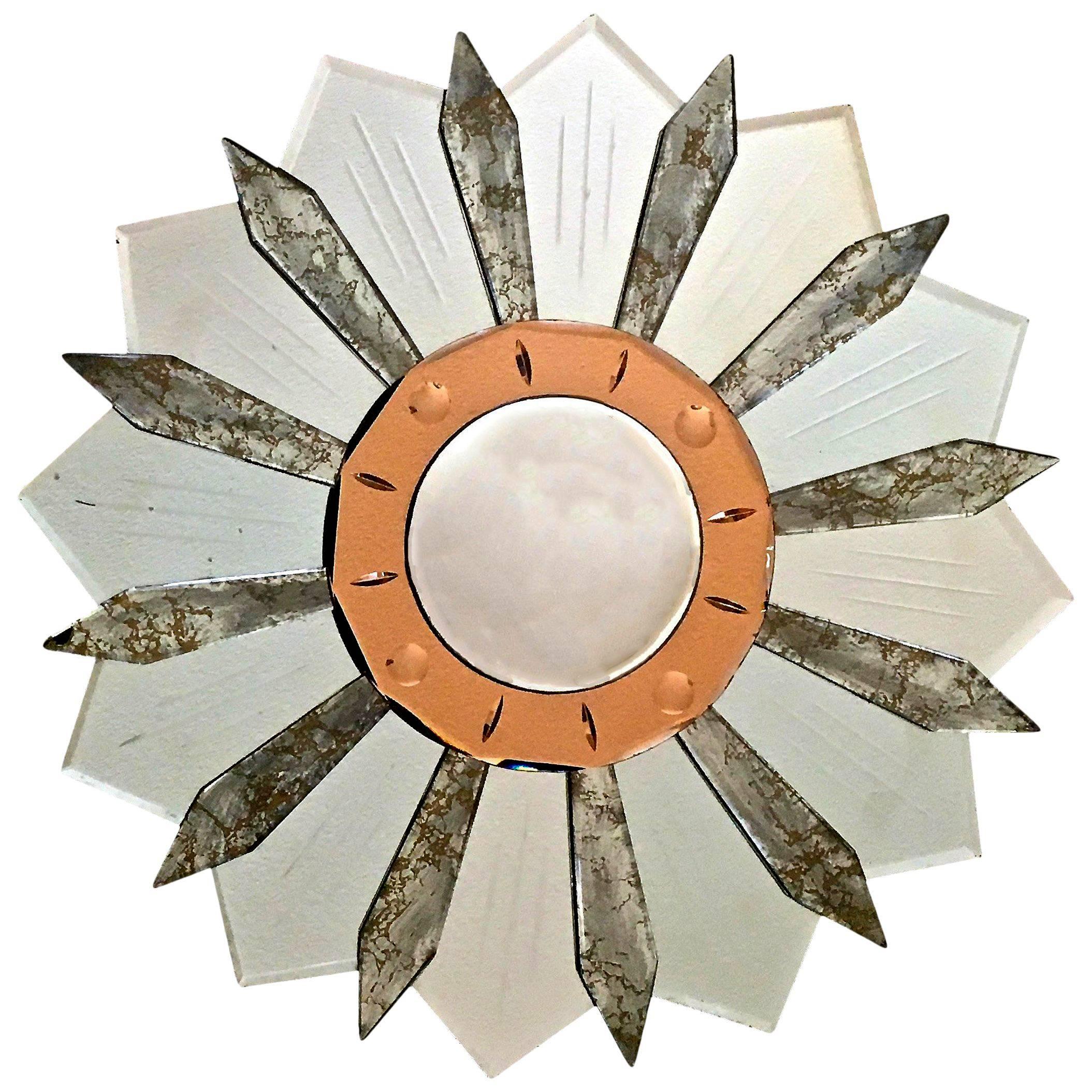 Sunburst Art Deco Etched Convex Peach Wall Mirror
