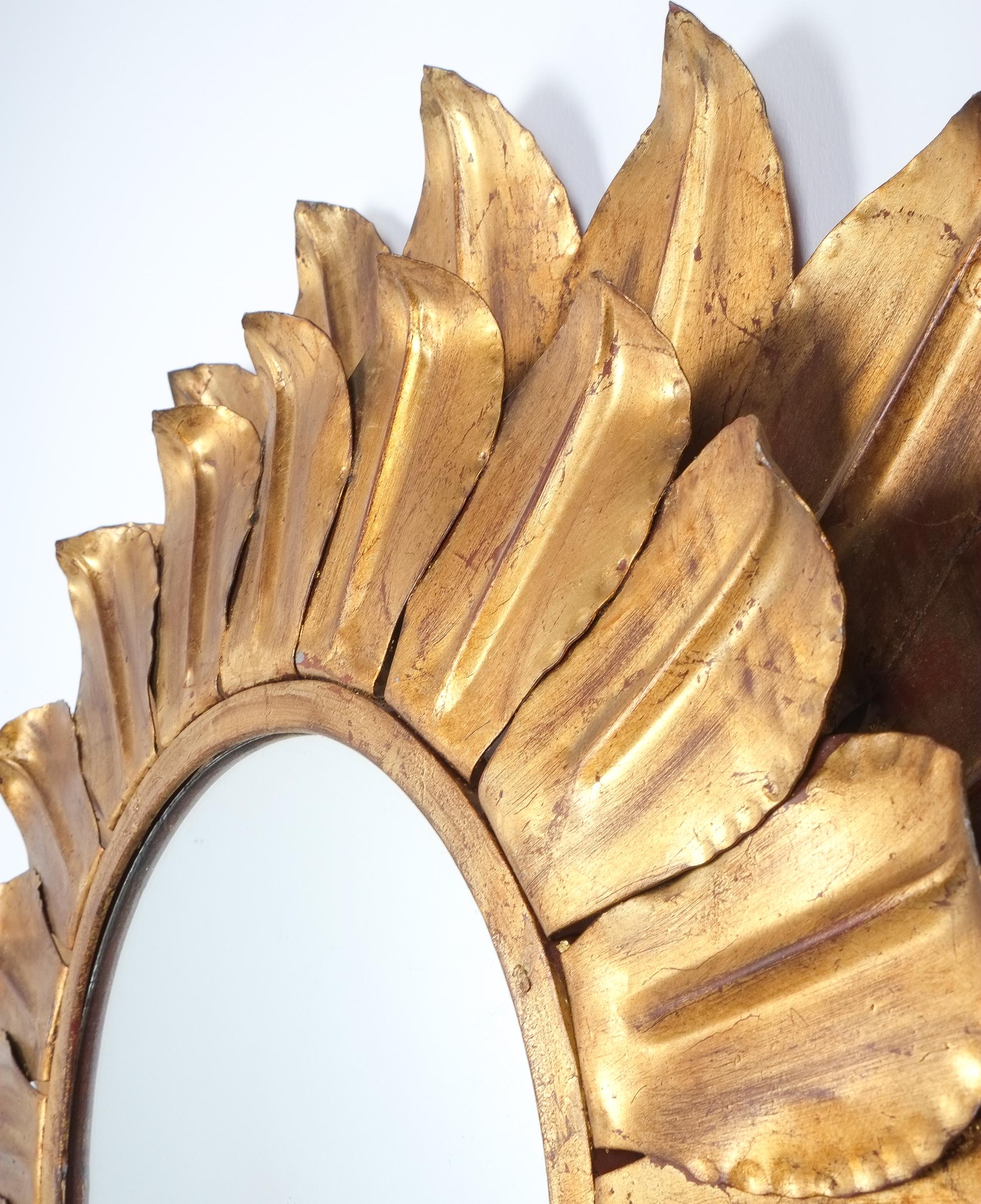 Mid-Century Modern Sunburst Backlit Mirror Round Gold Leaf, France 1960