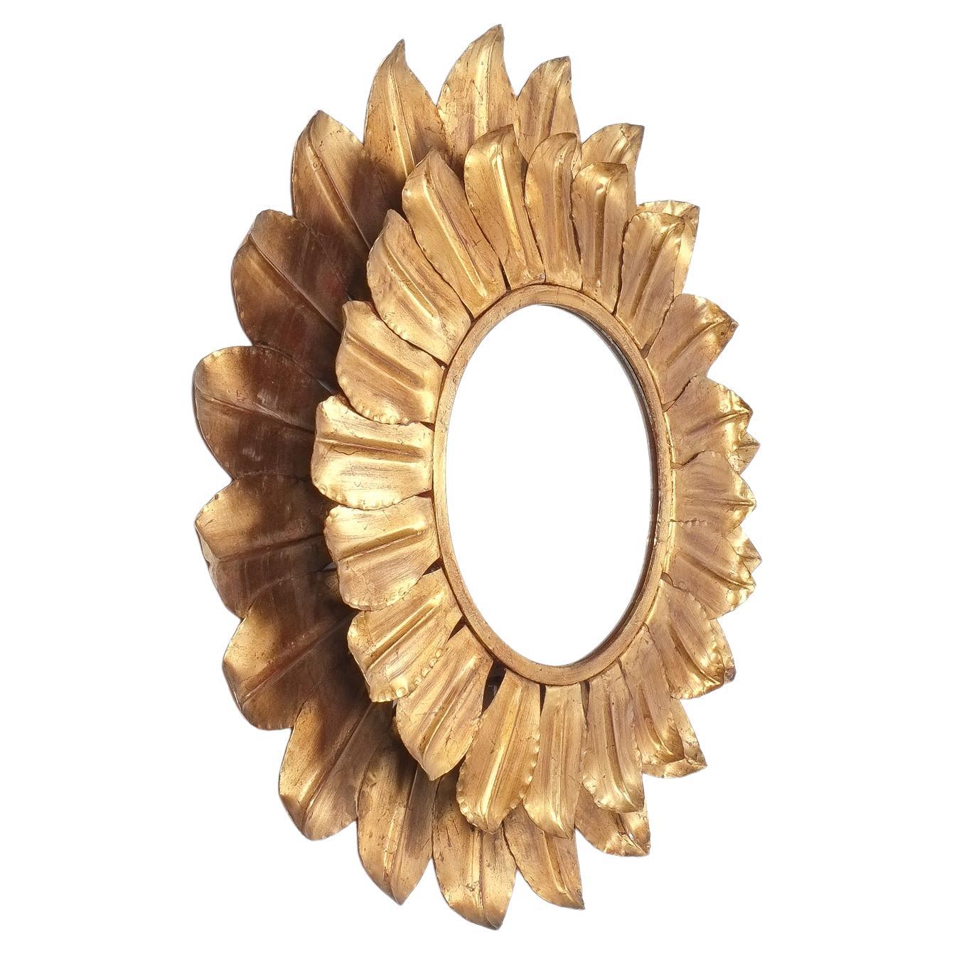 Mid-20th Century Sunburst Backlit Mirror Round Gold Leaf, France 1960