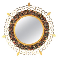 Sunburst Backlit Wall Mirror with Gemstone Gilt Iron Scrollwork Frame, 1960