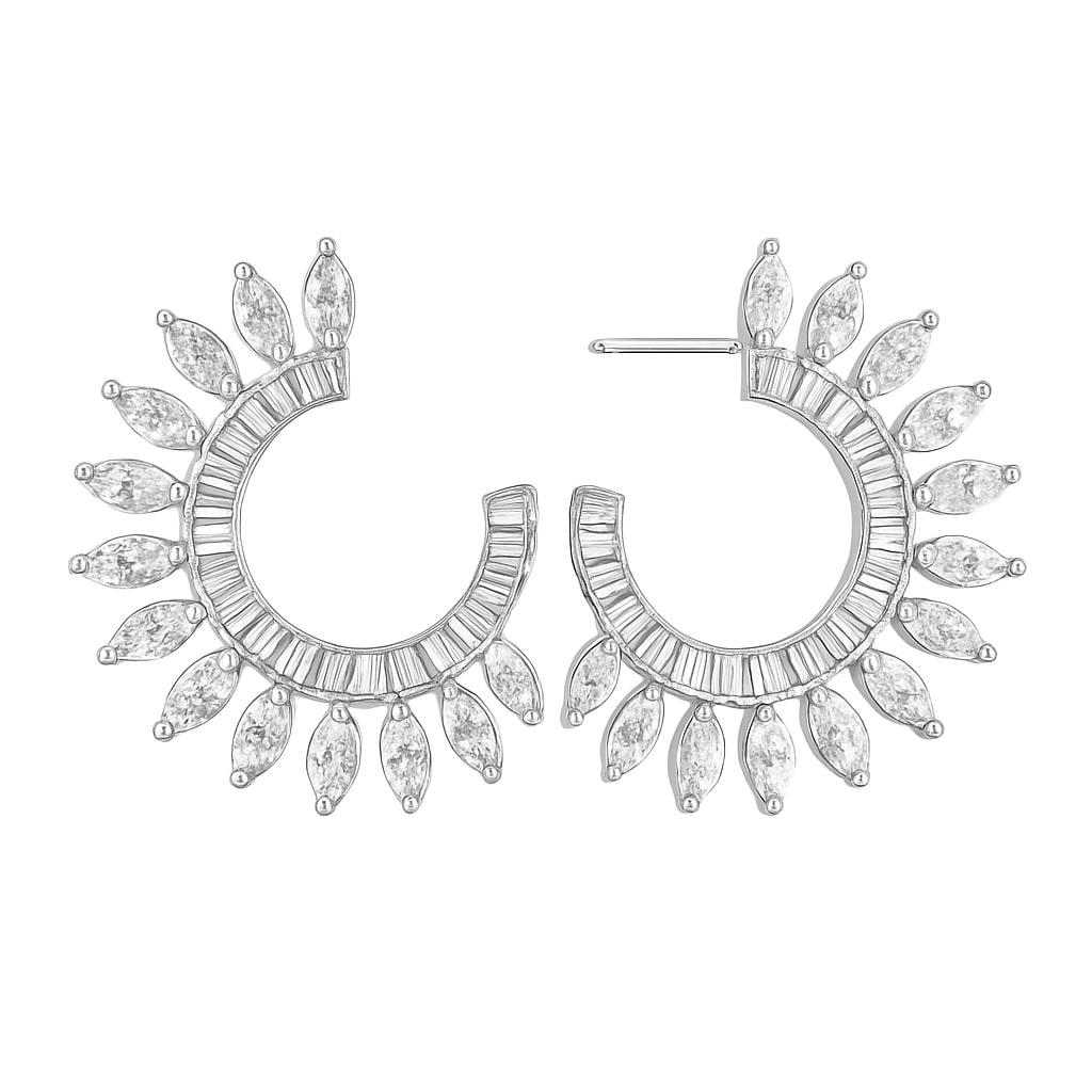 Taille Marquise Boucles d'oreilles Sunburst Baguette en or blanc 14K Marquise Diamond Circle en vente