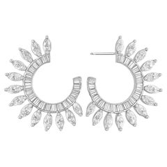 Boucles d'oreilles Sunburst Baguette en or blanc 14K Marquise Diamond Circle